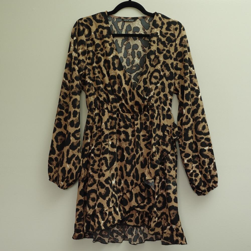 SHEIN LUNE Womens Leopard Print Ruffle Hem Surplice  Dress Brown Black Size L - Picture 2 of 10